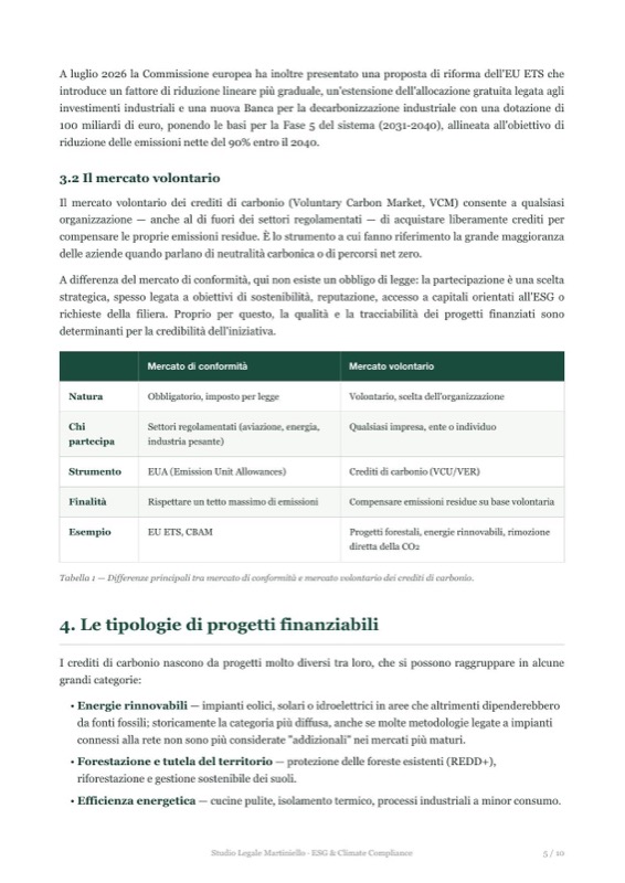 Pagina della guida con la tabella comparativa dei mercati del carbonio