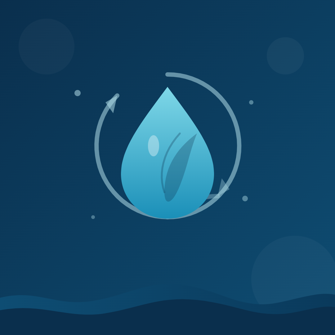 Illustrazione di una goccia d'acqua con una foglia e frecce circolari che rappresentano il ciclo dell'acqua e la sostenibilità idrica